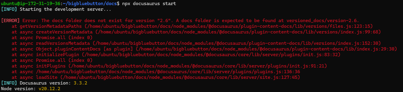 Development setup for docusaurus possible error